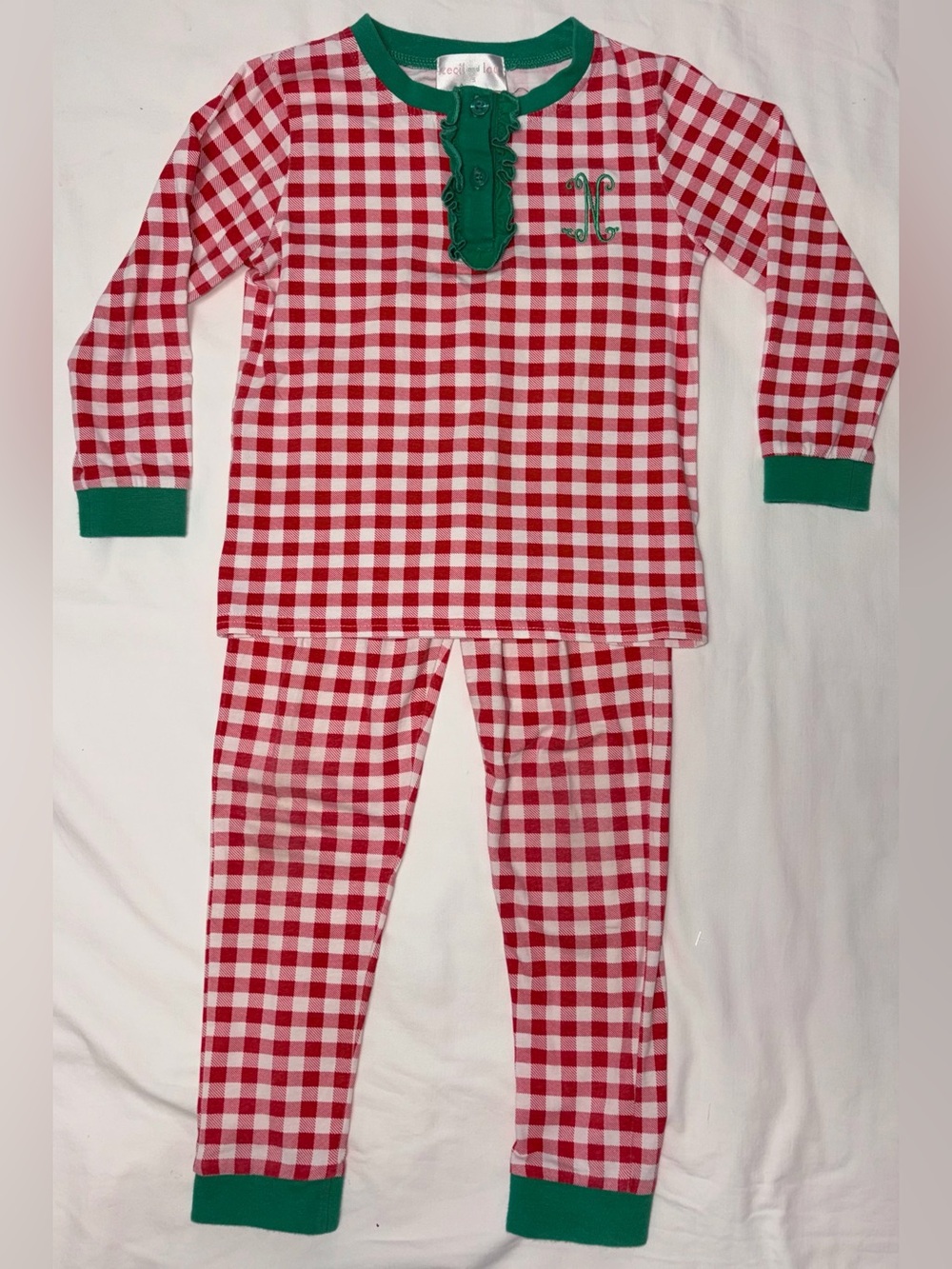 Cecil and Lou red checked pajamas with green trim sz 5 monogrammed “N”